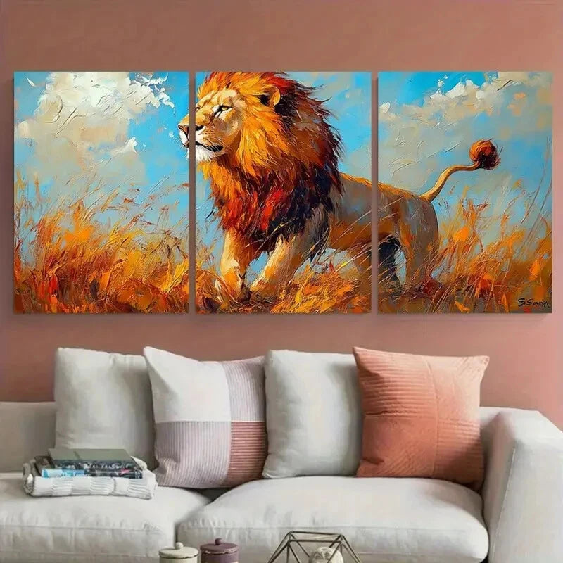 3pcs Lion in Majestic Pose with Vibrant Colors Metal Print Ready to Hang Art - Bella Home Decor