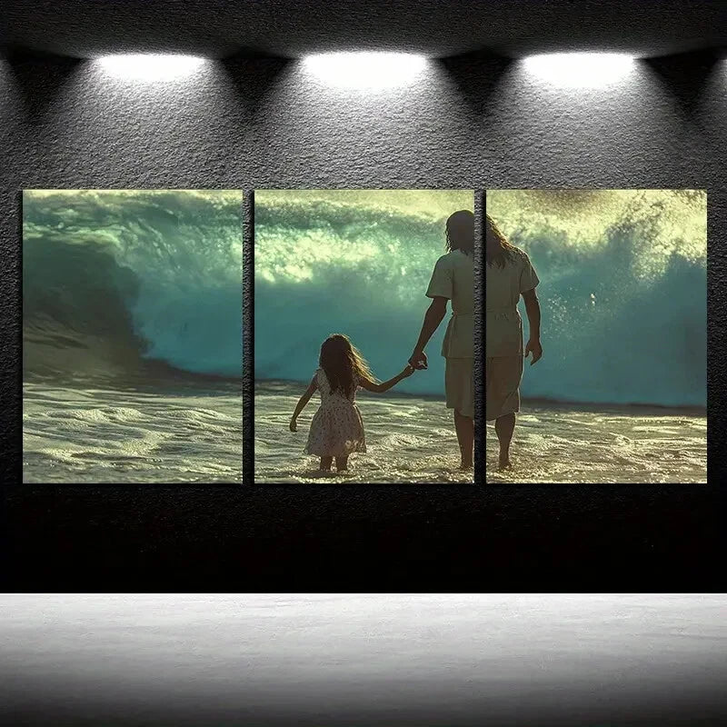 3pcs Mother and Daughter Seaside Walk Design Metal Print Ready to Hang Art