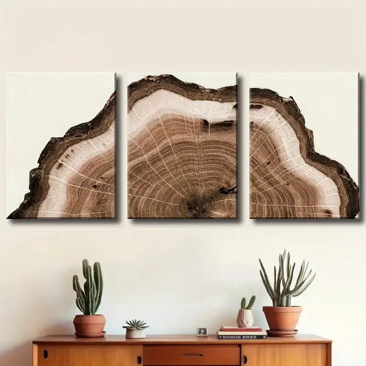 3pcs Tree Ring Brown and Beige Metal Print Ready to Hang Art