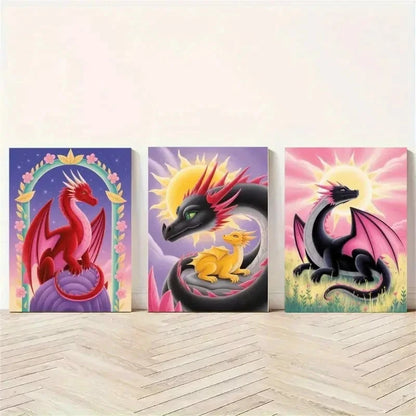 3pcs Dragon, Flowers, Fantasy Wall Art Set Canvas Framed 50x70cm - High Quality Print 100% Australian Made Wall Canvas Ready to Hang - Bella Home Decor