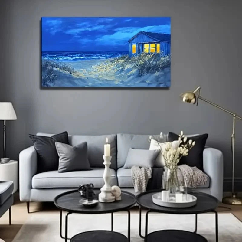 Nighttime Beach House Scene Wall Art Canvas Office Home Room Framed 120x60cm