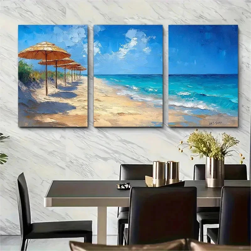 3pcs Beach Umbrellas Oil Painting Coastal S   Wall Art Set Canvas Framed 60x90cm - High Quality Print 100% Australian Made Wall Canvas Ready to Hang - Bella Home Decor