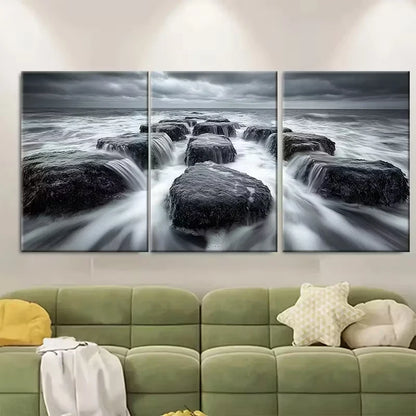3pcs Dramatic Black and White Coastal Seascape Metal Print Ready to Hang Art - Bella Home Decor