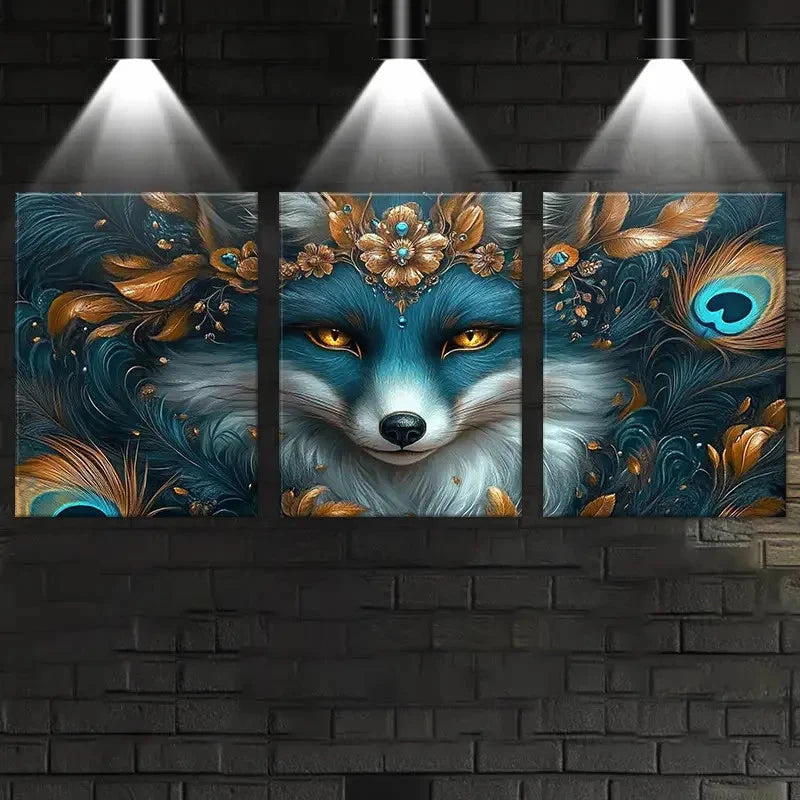 3pcs Dark Green & Golden Bohemian Fox Painting Metal Print Ready to Hang Art - Bella Home Decor