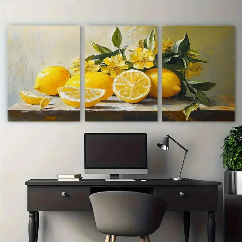 3pcs Vibrant Still Life Lemon Flowers Illustration Metal Print Ready to Hang Art - Bella Home Decor