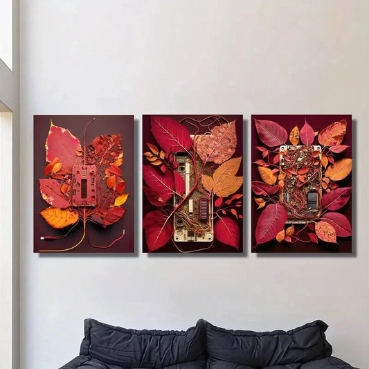 3pcs Red circuit board with leaves, Metal Print Ready to Hang Art