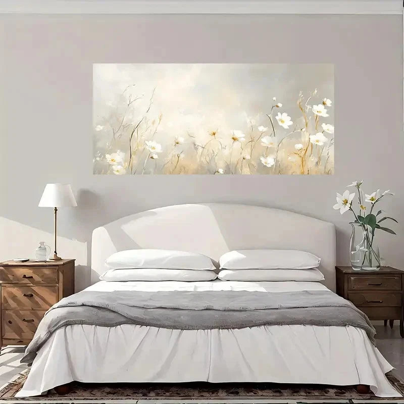 White Daisies & Beige Floral Wall Art Canvas Office Home Room Framed 120x60cm
