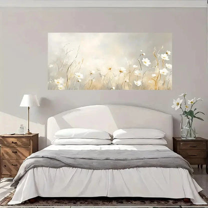 White Daisies & Beige Floral Wall Art Canvas Office Home Room Framed 120x60cm