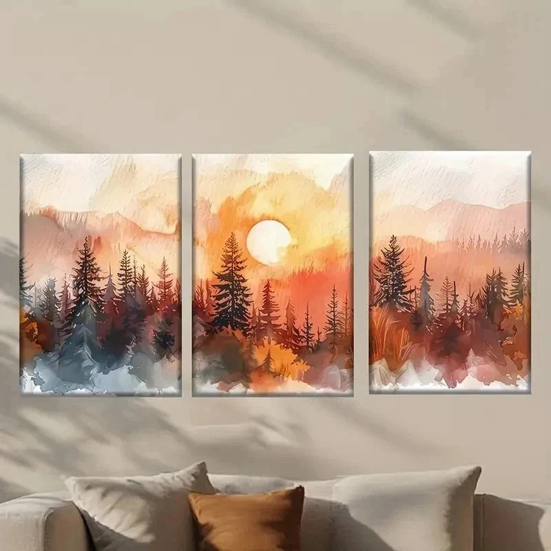 3pcs Landscape with Trees and Sunset Wall Art Set Canvas Framed 50x70cm - High Quality Print 100% Australian Made Wall Canvas Ready to Hang