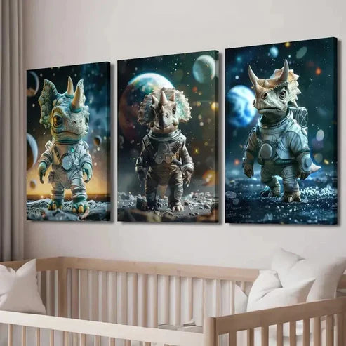 3pcs Allosaurus Dinosaur in Space Wall Art Set Canvas Unframed - High Quality Print 100% Australian Made Wall Canvas - Bella Home Decor