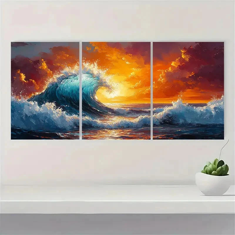 3pcs Vibrant Sunset Ocean Wave Oil Paintings Metal Print Ready to Hang Art - Bella Home Decor