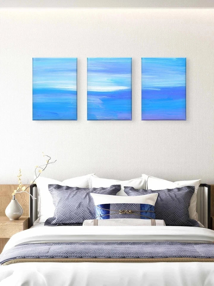 3pcs Blue Abstract Ocean Gradient Minimalist Wall Art Set Canvas Framed 50x70cm - High Quality Print 100% Australian Made Wall Canvas Ready to Hang