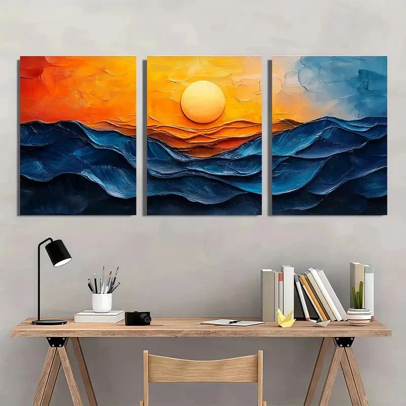 3pcs Vibrant Blue & Orange Ocean Waves Oil Impasto Metal Print Ready to Hang Art - Bella Home Decor
