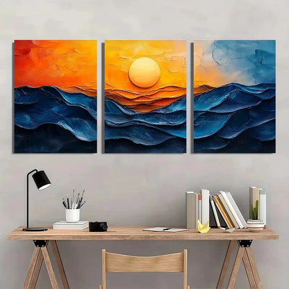 3pcs Vibrant Blue & Orange Ocean Waves Oil Impasto Metal Print Ready to Hang Art - Bella Home Decor
