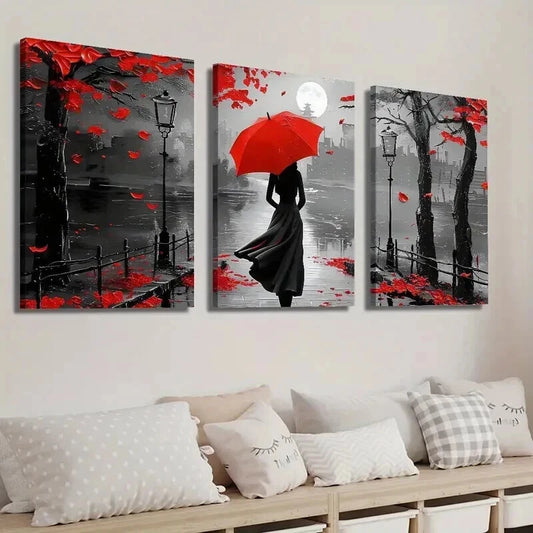 3pcs Black & White Girl with Red Umbrella Wall Art Set Canvas Framed 50x70cm - High Quality Print 100% Australian Made Wall Canvas Ready to Hang