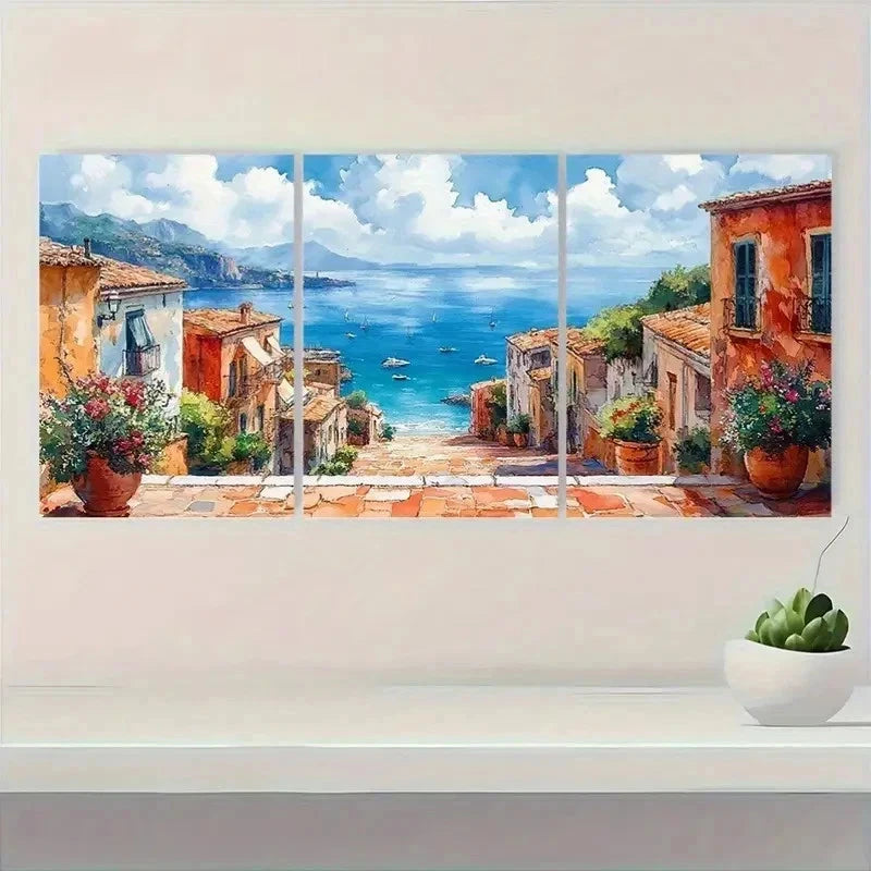 3pcs Street Scene Watercolor Coastal Perfect Wall Art Set Canvas Framed 50x70cm - High Quality Print 100% Australian Made Wall Canvas Ready to Hang