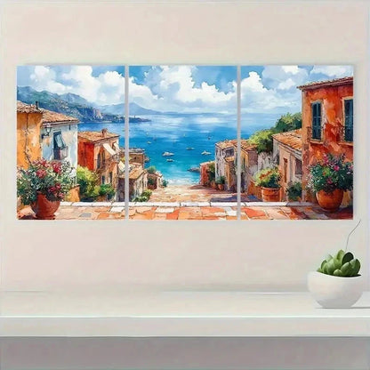 3pcs Street Scene Watercolor Coastal Perfect Wall Art Set Canvas Framed 50x70cm - High Quality Print 100% Australian Made Wall Canvas Ready to Hang