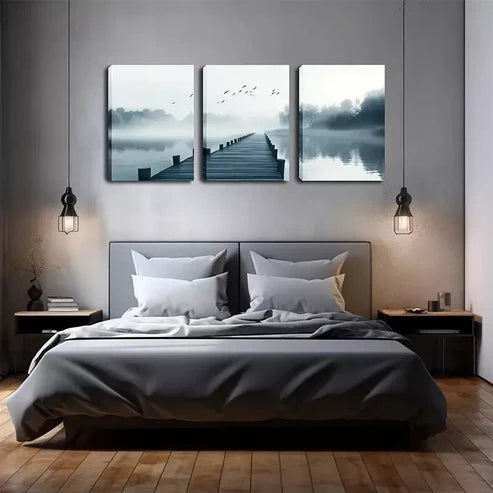 3pcs Serene Misty River Scene with Birds Wall Art Canvas Unframed - High Quality Print 100% Australian Made Wall Canvas