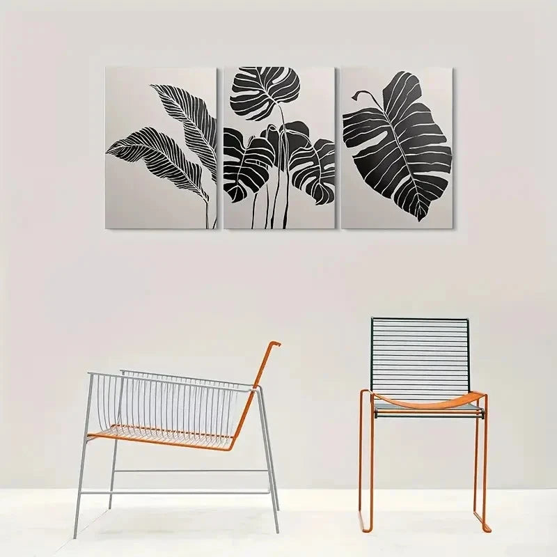 3pcs Abstract Leaf Black and White Minimalist Metal Print Ready to Hang Art - Bella Home Decor