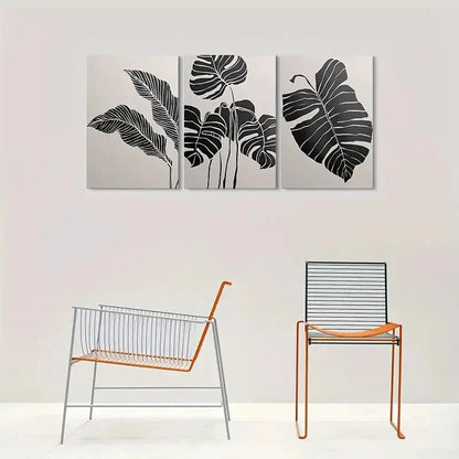 3pcs Abstract Leaf Black and White Minimalist Metal Print Ready to Hang Art - Bella Home Decor