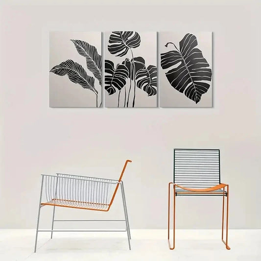 3pcs Abstract Leaf Black and White Minimalist Metal Print Ready to Hang Art