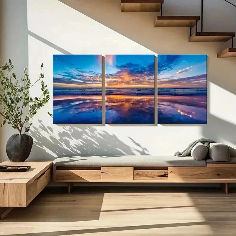 3pcs Sea Ocean Sunrise Coastline Modern  Wall Art Set Canvas Framed 50x70cm - High Quality Print 100% Australian Made Wall Canvas Ready to Hang - Bella Home Decor