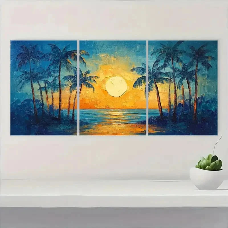 3pcs Palm Trees Sunset Scene Impasto Style Metal Print Ready to Hang Art - Bella Home Decor