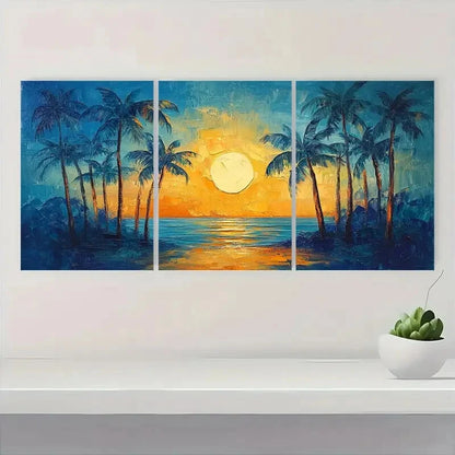 3pcs Palm Trees Sunset Scene Impasto Style Metal Print Ready to Hang Art - Bella Home Decor