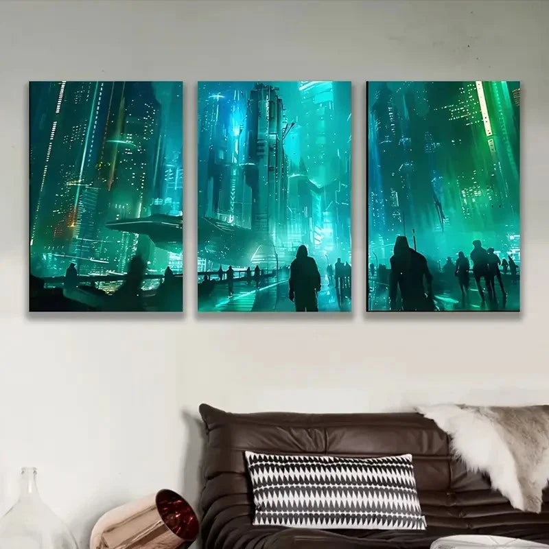 3pcs Neon Lit Cyberpunk Cityscape Wall Art Set Canvas Framed 40x60cm - High Quality Print 100% Australian Made Wall Canvas Ready to Hang