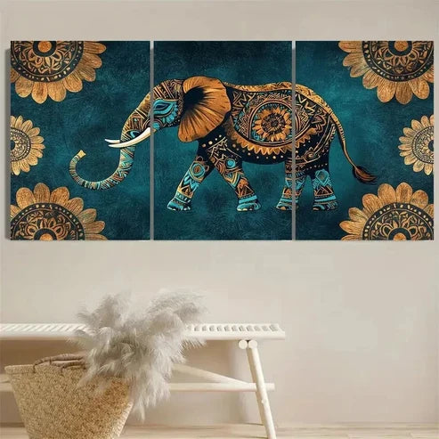 3pcs Vibrant Teal & Golden Elephant Wall Art Set Canvas Unframed - High Quality Print 100% Australian Made Wall Canvas