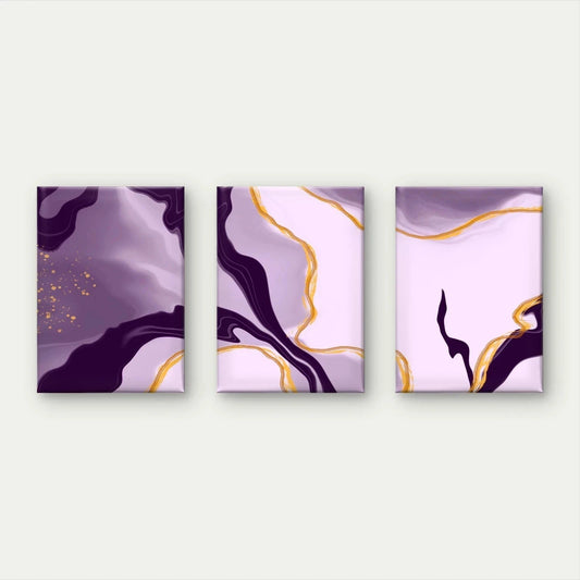 3pcs Purple and Gold Abstract Fluid Paint Wall Art Set Canvas Framed 60x90cm - High Quality Print 100% Australian Made Wall Canvas Ready to Hang