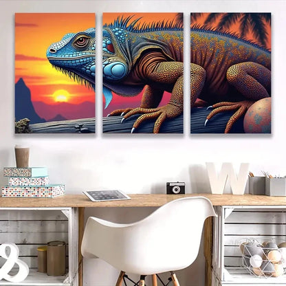 3pcs Vibrant Iguana Sunset Triptych D   Wall Art Set Canvas Framed 50x70cm - High Quality Print 100% Australian Made Wall Canvas Ready to Hang