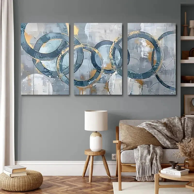 3pcs Modern Abstract Texture Light Blue Themed Metal Print Ready to Hang Art - Bella Home Decor
