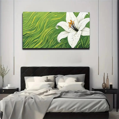 White Lily on Green Grass Wall Art Canvas Office Home Room Framed 120x60cm - Bella Home Decor