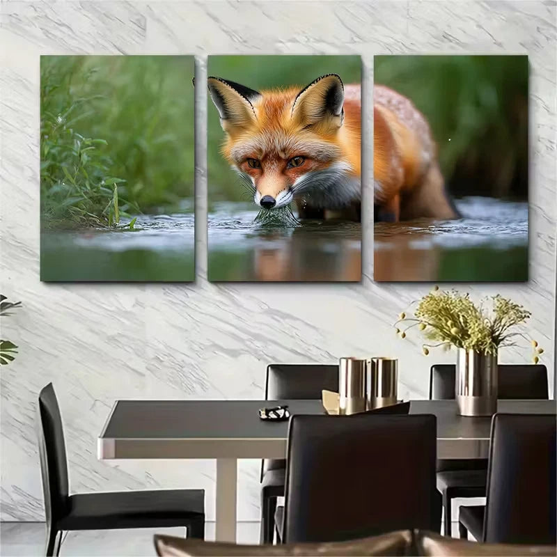 3pcs Curious Wild Fox Drinking from River Metal Print Ready to Hang Art - Bella Home Decor