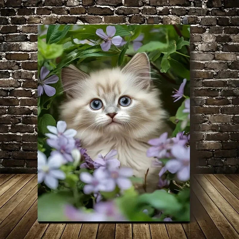 Beautiful Cute Ragdoll Kitten with Flowers Painting 40x60cm Metal Print Ready to Hang - Bella Home Decor