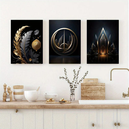 3pcs Modern Abstract Black and Golden Plant Leaves Metal Print Ready to Hang Art