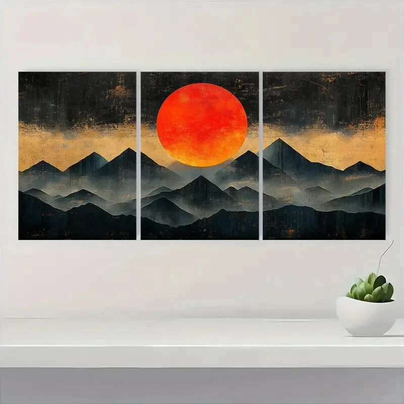3pcs Black & Orange Mountain Silhouette Design Metal Print Ready to Hang Art - Bella Home Decor
