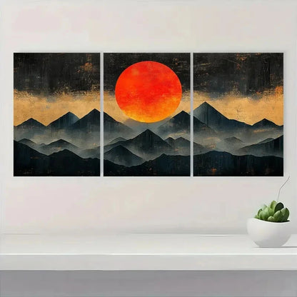 3pcs Black & Orange Mountain Silhouette Design Metal Print Ready to Hang Art - Bella Home Decor