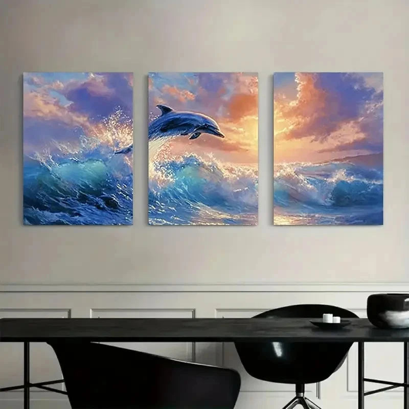 3pcs Dolphin Leaping from Water Painting Metal Print Ready to Hang Art - Bella Home Decor