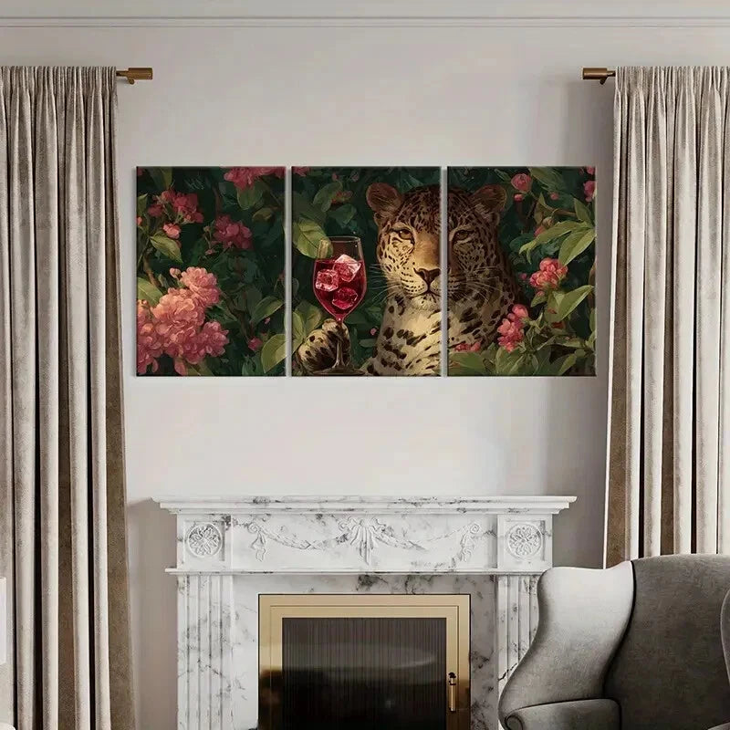 3pcs Leopard with Wine Glass Floral Surroundings Metal Print Ready to Hang Art - Bella Home Decor