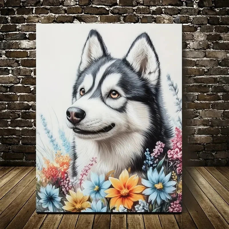 Flowers And Plants Cute Siberian Husky Dog 40x60cm Metal Print Ready to Hang