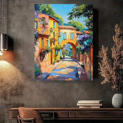 Beautiful Colorful European Village Street Painting 40x60cm Metal Print Ready to Hang