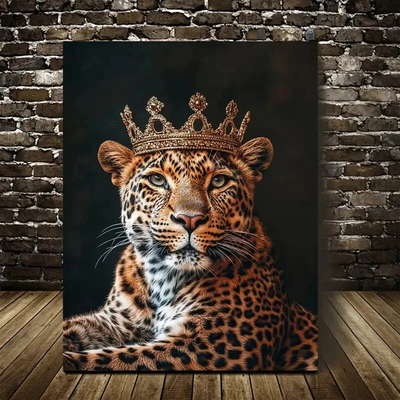 Majestic Crowned Leopard Portrait Dramatic Painting 40x60cm Metal Print Ready to Hang - Bella Home Decor