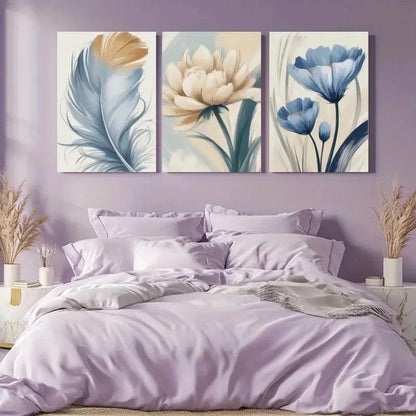3pcs Blue Feather White Flower Blue Flower Metal Print Ready to Hang Art - Bella Home Decor