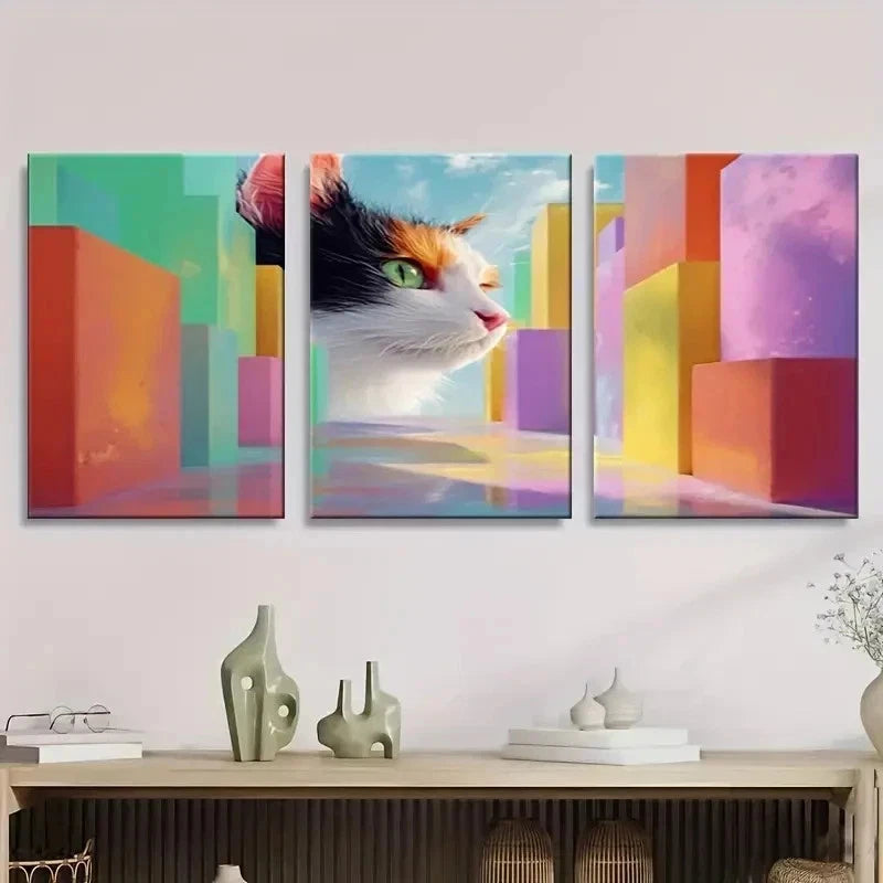 3pcs Vibrant Cat & Cityscape Wall Art Set Canvas Framed 50x70cm - High Quality Print 100% Australian Made Wall Canvas Ready to Hang