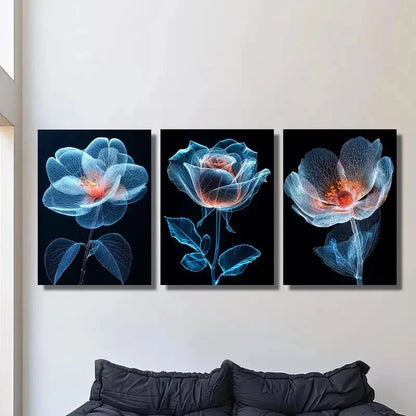 3pcs Blue Flower Illustration, Botanical Flower Metal Print Ready to Hang Art