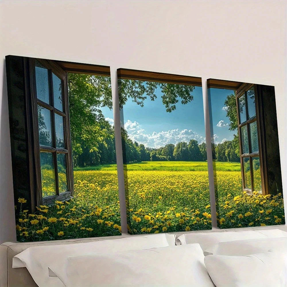 3pcs Serene Green Field & Blue Sky View Wall Art Set Canvas Framed 50x70cm - High Quality Print 100% Australian Made Wall Canvas Ready to Hang