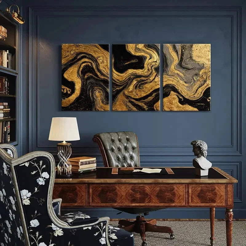 3pcs Modern Abstract Golden Black Swirls Art Metal Print Ready to Hang Art - Bella Home Decor