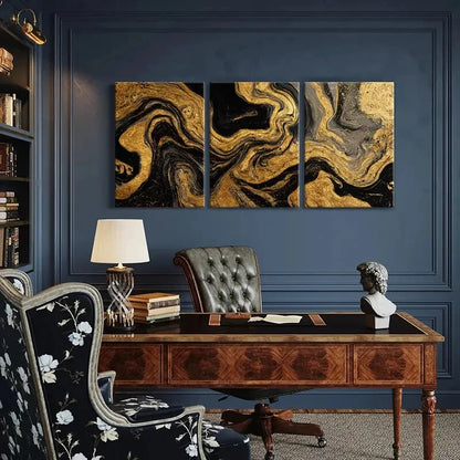 3pcs Modern Abstract Golden Black Swirls Art Metal Print Ready to Hang Art - Bella Home Decor
